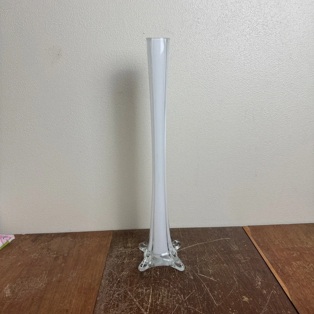 Vintage MCM Retro Tall White Cased Glass Bud Flower Vase‎ 16 inch Home Decor